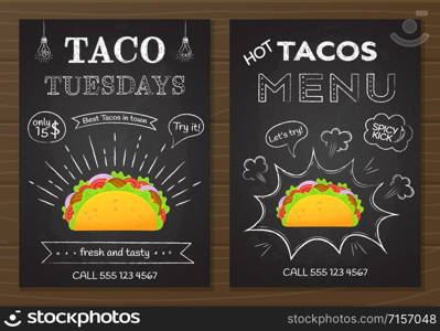 Traditional mexican fastfood tacos menu. Chalk board style food poster with hand drawn decoration on blackboard with tacos menu and taco tuesday offer and colorful beef taco vector illustration.. Traditional mexican fastfood chalk board taco menu