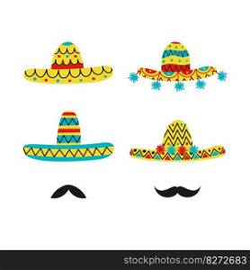 Traditional Mexican fiesta flat vector illustrations of sombrero and mustaches