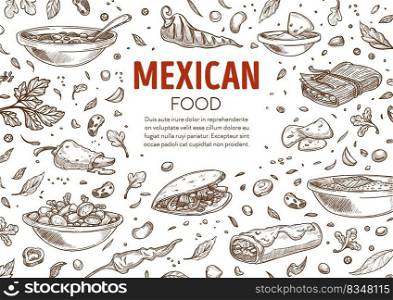 Traditional mexican food and dishes, taco and quesadilla, burrito and taco. Salads and soups, vegetables and meat products, snacks in restaurant or cafe. Monochrome sketch outline, vector in flat. Mexican traditional food and dishes menu vector