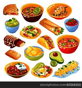 Traditional mexican food dishes collection with tacos quesadilla tortilla chips avocado salsa isolated white background vector illustration . Mexican Food Set