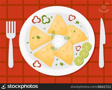 Traditional Mexican Quesadilla. Popular Mexican tortillas on plate with sauce, fork and knife. View from above. Vector illustration of Latin American national dish in cartoon style