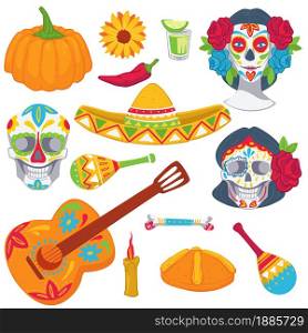 Traditional mexican symbols for celebrating day of the dead. Isolated icon of sombrero, tequila and guitar, painted skull and skeleton. Maracas and burning candle, chilly and pumpkin, vector. Day of the dead, mexican tradition objects for holiday