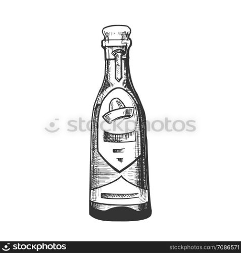 Traditional Mexican Tequila Drink Bottle Vector. Glass Bottle With Blank Label And Designed Sombrero For Classical Alcohol Drink Produced In Mexico. Vodka Made From Cactus Cartoon Illustration. Traditional Mexican Tequila Drink Bottle Vector