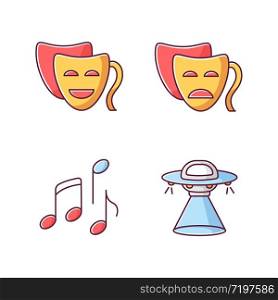 Traditional movie genres RGB color icons set. Funny comedy, serious drama, musical and science fiction. Common film categories. Isolated vector illustrations