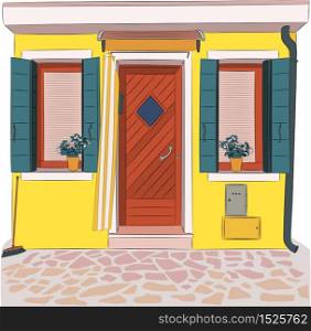 Traditional multi-colored house facade with door windows and shutters on the island Burano. Venice. Italy.. Bright yellow facade of a typical house on the island Burano.