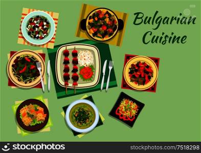 Traditional national dishes of bulgarian cuisine with lamb kebab and vegetables, cabbage rolls sarmi and pork with prunes, cabbage soup, lamb and vegetable casserole guvech, spicy vegetable and meat salads. Flat style. National bulgarian cuisine menu dishes