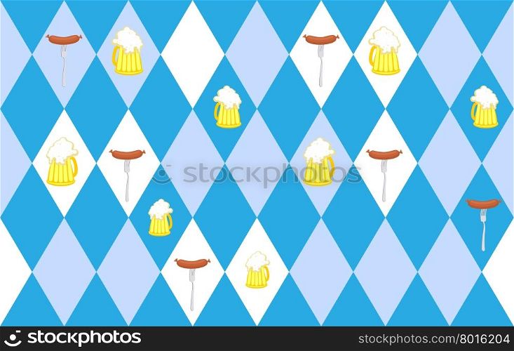 Traditional Oktoberfest seamless pattern of rhombus. Mug of beer and sausage. Vector background for annual beer festival in Germany.