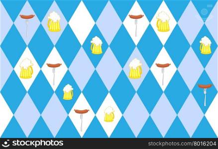 Traditional Oktoberfest seamless pattern of rhombus. Mug of beer and sausage. Vector background for annual beer festival in Germany.