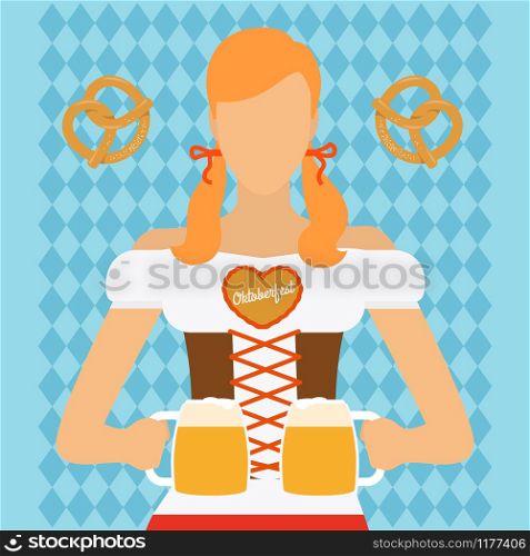 Traditional Oktoberfest woman character with beer vector illustration. Traditional Oktoberfest woman icon