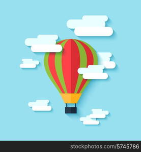 Traditional old drop shape multi colored hot air balloon floating in the clouded sky abstract vector illustration