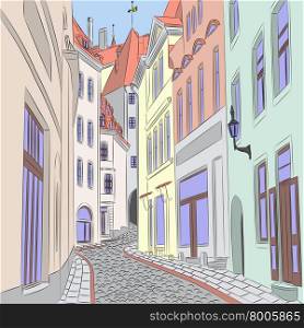 Traditional old street in the historical center of Tallinn.. Vector. Old street in Tallinn.