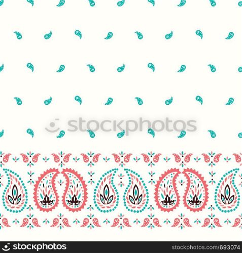 Traditional Oriental Colorful Paisley Vector Seamless Horizontal Border and Pattern. Whimsical Classic Indian Background. Bright Shawl print. Perfect for textile. Traditional Oriental Colorful Paisley Vector Seamless Horizontal Border and Pattern. Whimsical Classic Indian Background
