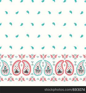 Traditional Oriental Colorful Paisley Vector Seamless Horizontal Border and Pattern. Whimsical Classic Indian Background. Bright Shawl print. Perfect for textile. Traditional Oriental Colorful Paisley Vector Seamless Horizontal Border and Pattern. Whimsical Classic Indian Background