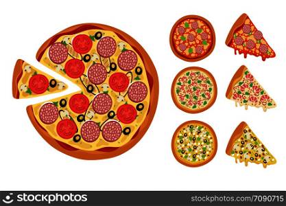 Traditional pizza elements. Whole hot pizza slices vector set isolated on white background. Illustration of hot food for menu, cheese and tomato. Traditional pizza elements. Whole hot pizza slices vector set isolated on white background