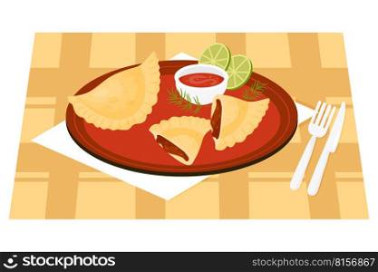 Traditional popular mexican food. Mexican Empanadas whole and broken with stuffing in half on plate with sauce and lime slices. Vector illustration of Latin American national dish in flat style