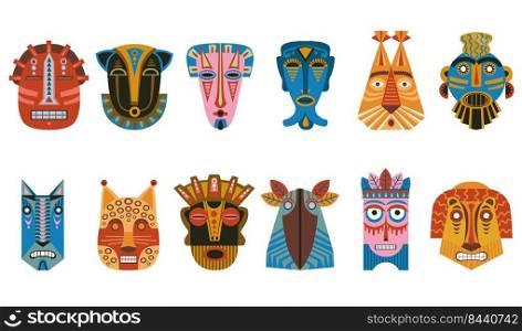 Traditional ritual masks flat icon kit. African, Hawaiian or Aztec indigenous face masks vector illustration set. Aboriginal totem and carnival concept