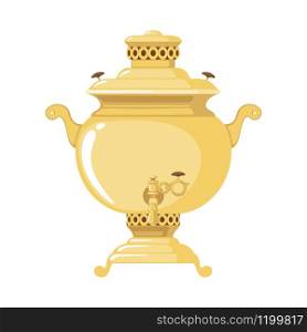 Traditional Russian gold samovar icon in flat style isolated on white background. Culture dish. Design element for cards, posters, banners. Vector illustration.. Vector Traditional Russian gold samovar icon in flat style isolated on white background.