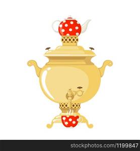 Traditional Russian gold samovar with teapot icon in flat style isolated on white background. Culture dish. Design element for cards, posters, banners. Vector illustration.. Vector Traditional Russian gold samovar with teapot icon in flat style isolated on white background.