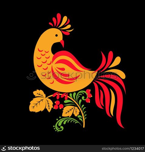 Traditional Russian ornament of Hohloma bird on black background. Vector illustration.. Traditional Russian ornament of Hohloma bird on black background.