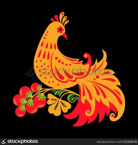 Traditional Russian ornament of Hohloma bird on black background. Vector illustration.. Traditional Russian ornament of Hohloma bird on black background.