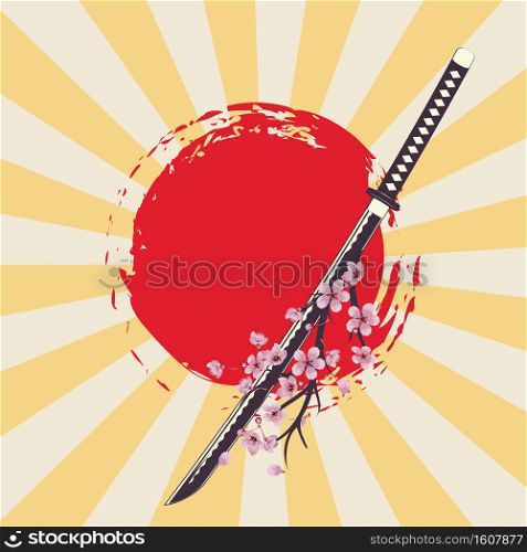 Traditional samurai weapon, Japanese katana sword with sakura retro design.