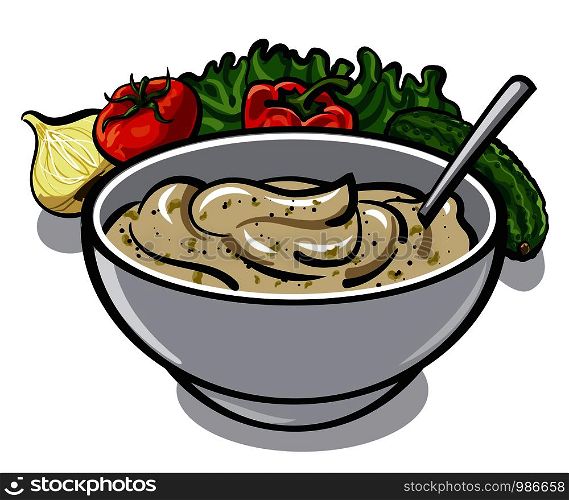 traditional sauce tartar in bowl, cream sauce with spices, vegetables, condiments and lettuce. sauce tartar