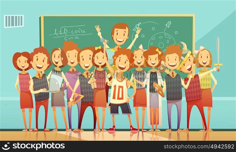 Traditional School Education Retro Cartoon Poster . Classic school education classroom retro cartoon poster with standing smiling kids and chalkboard on background vector illustration