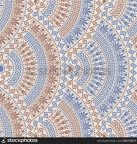 Traditional seamless vintage blue, brown and grey and white fan shaped ornate elements with Greek patterns, Meander
