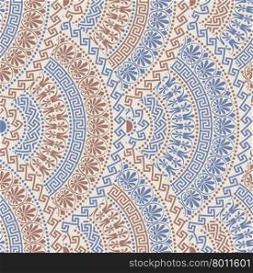 Traditional seamless vintage blue, brown and grey and white fan shaped ornate elements with Greek patterns, Meander