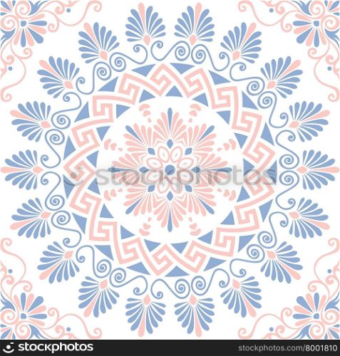 Traditional seamless vintage pink, white and blue round floral Greek ornament, Meander