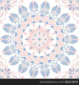 Traditional seamless vintage pink, white and blue round floral Greek ornament, Meander
