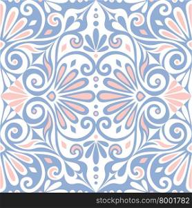 Traditional seamless vintage pink, white and blue square floral Greek ornament, Meander