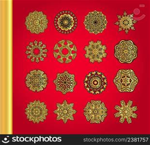 Traditional snowflakes on red background. Art nouveau round ornaments.. Golden vector snowflakes on red background.