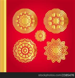 Traditional snowflakes on red background. Floral mandalas set.. Golden vector snowflakes on red background