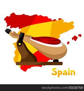 Traditional spanish food jamon. Illustration pork leg on background map of Spain. Traditional spanish food jamon. Illustration pork leg on background map of Spain.