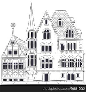 Traditional stone and half-timbered German house with tiled roof. Vector illustration.. Black and white drawing of a traditional old half-timbered and stone German house.