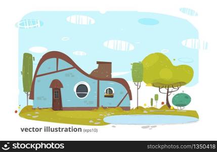 Traditional Suburb Cartoon. Brick Cozy House with Chimney. Green Garden and Lake in Yard. Flat Natural Rural Landscape. Property in Village. Real Estate in Countryside. Vector Craft Illustration EPS10. Traditional House with Garden and Lake in Yard