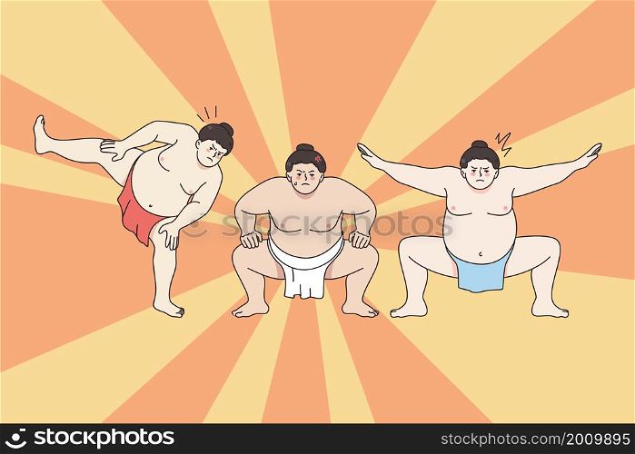 Traditional sumo wrestling fight concept. Group of japanese men fighters practicing sumo during workout or fight vector illustration . Traditional sumo wrestling fight concept.