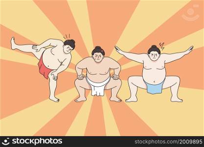 Traditional sumo wrestling fight concept. Group of japanese men fighters practicing sumo during workout or fight vector illustration . Traditional sumo wrestling fight concept.