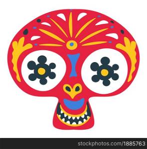 Traditional symbol of mexican halloween, skull with ornaments and decorative elements. Carnival or sign for day of the dead. Hispanic motif of painting, calavera for celebration, vector in flat style. Skull with ornaments and decor, mexican day of the dead