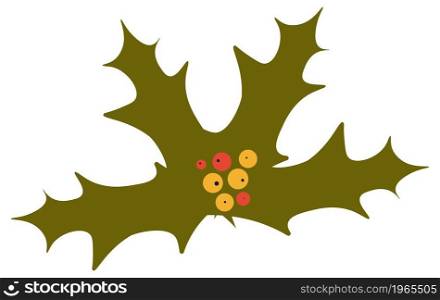 Traditional symbol of xmas and winter holidays, mistletoe plan. Isolated leaf with ripe berries, decoration for merry christmas greeting cards and presents. Botanic motif. Vector in flat style. Mistletoe plant with berries, leaf symbol of xmas