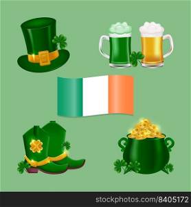 Traditional symbols for St. Patrick’s Day. Ireland flag, Leprechaun hat, fresh beer, green ale, pot of gold, shamrock clover. Vector icons set.. Traditional symbols for St. Patrick’s Day. 