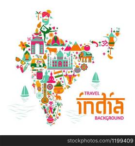 Traditional symbols in the form of a map of India on white. Traditional symbols in the form of a map of India