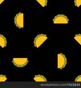Traditional taco meal vector seamless pattern. Mexican fast food tacos with beef or chicken meat, green salad and red tomato randomly ordered on black background for national taco day festive design. Traditional taco meal vector seamless pattern
