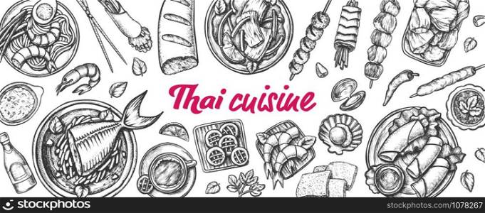 Traditional Thailand Cuisine Monochrome Set Vector. Soup With Fish And Shrimp, Spring Roll And Cookies Assortment Cuisine. Engraving Layout Designed In Vintage Style Black And White Illustrations. Traditional Thailand Cuisine Monochrome Set Vector