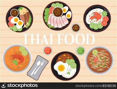 Traditional Thailand Food Template Cartoon Hand Drawn Illustration Various of Thai Cuisine Design