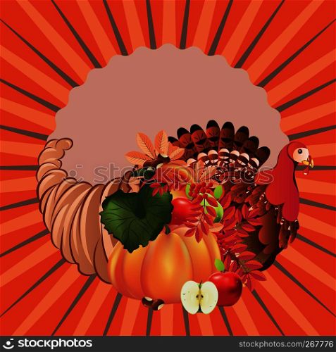 Traditional Thanksgiving horn of plenty, cornucopia and turkey cartoon illustration.