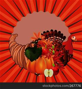 Traditional Thanksgiving horn of plenty, cornucopia and turkey cartoon illustration.