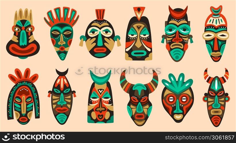 Traditional tribal masks. Ritual african or hawaiian traditional ceremonial totem, ethnic antique wooden face masks vector illustration set shaped after human face with colorful ornaments. Traditional tribal masks. Ritual african or hawaiian traditional ceremonial totem, ethnic antique wooden face masks vector illustration set