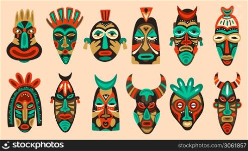 Traditional tribal masks. Ritual african or hawaiian traditional ceremonial totem, ethnic antique wooden face masks vector illustration set shaped after human face with colorful ornaments. Traditional tribal masks. Ritual african or hawaiian traditional ceremonial totem, ethnic antique wooden face masks vector illustration set